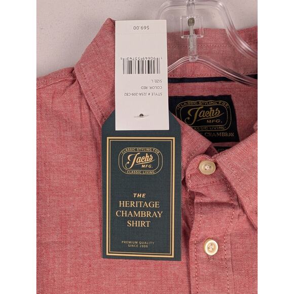 Jachs Shirt Mens Large Red Heritage Chambray Noho Short Sleeve Button-Down NWT - Picture 9 of 10